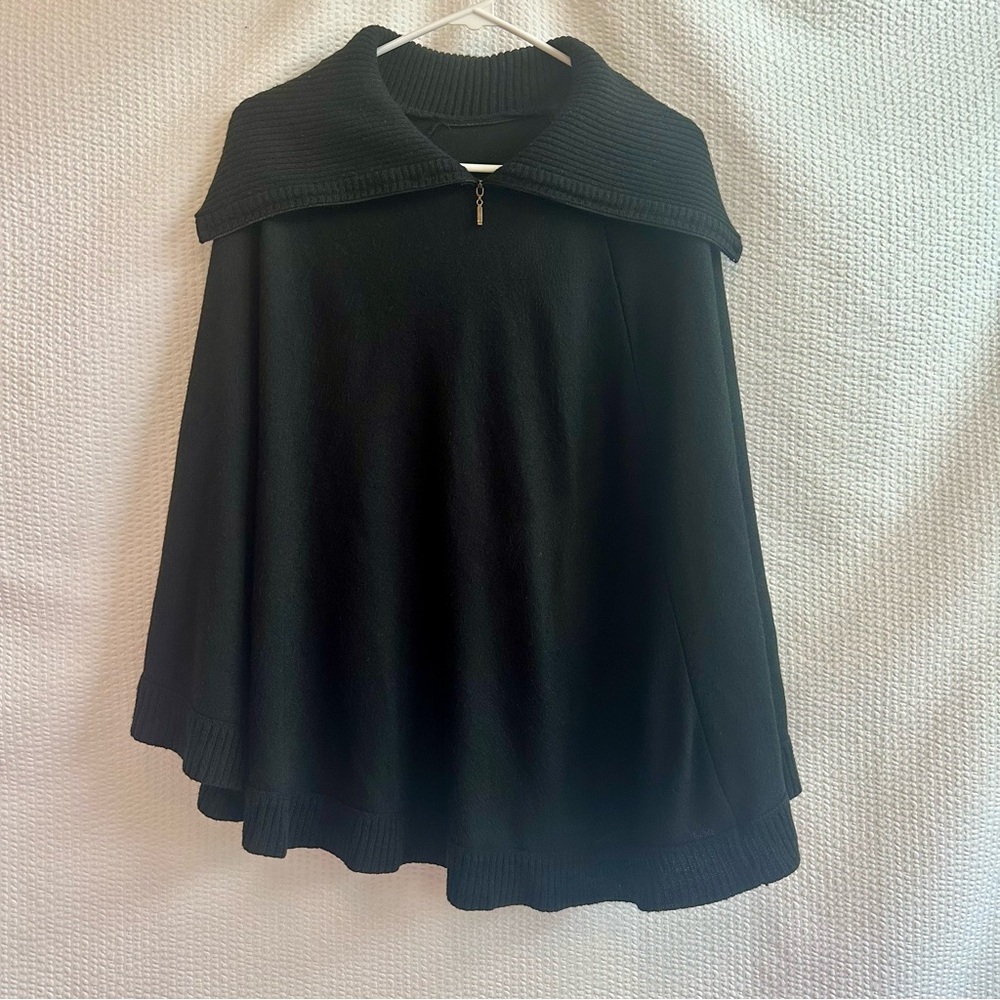 NINA LEONARD Black Knit Cape Poncho Sweater One Size Oversized Collar